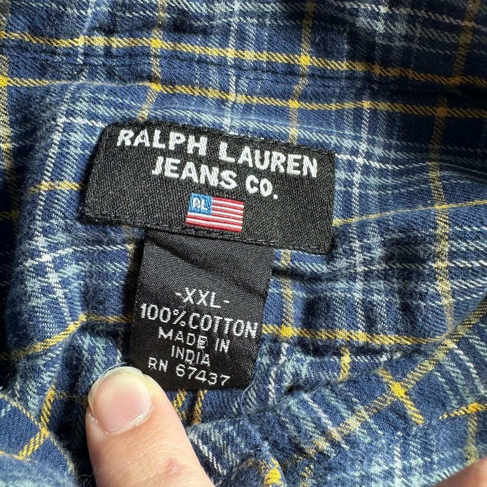 Ralph Lauren Jeans Co Button Down Flannel XXL Blue Yellow Plaid Shirt Excellent - Picture 4 of 10
